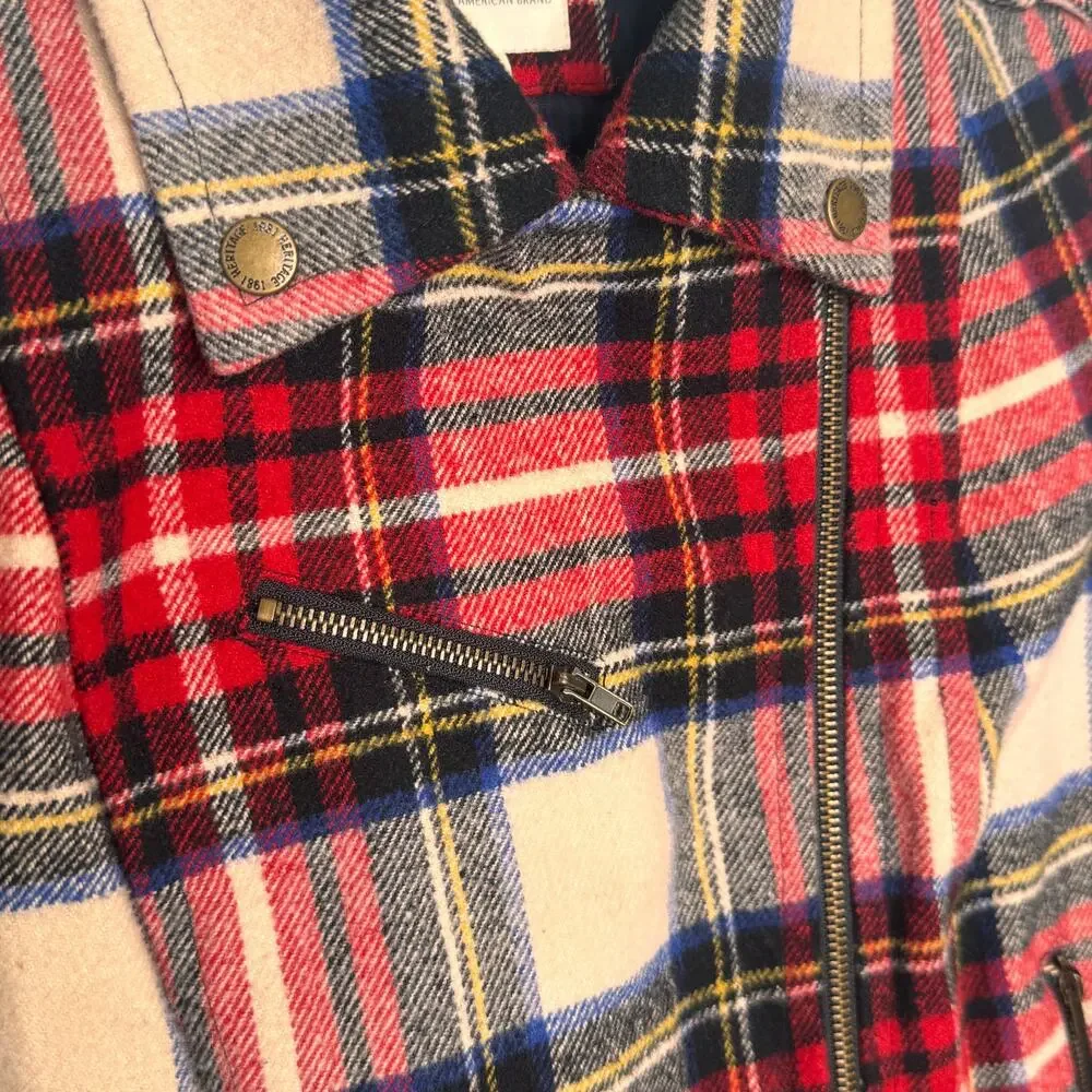 Heritage 1981 Wool Blend Plaid Moto Biker Jacket Belted Red Tartan Preppy Small
